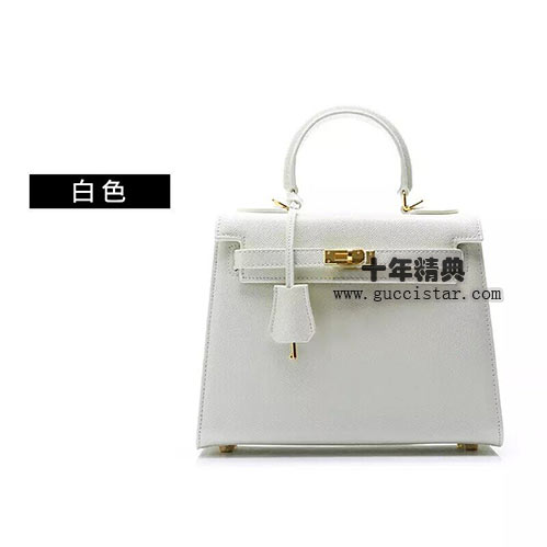 經典白色凱莉包28cm 手掌紋牛皮金扣銀扣