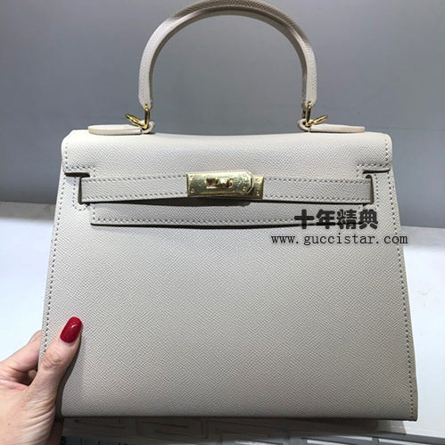 經(jīng)典白色凱莉包28cm 手掌紋牛皮金扣銀扣