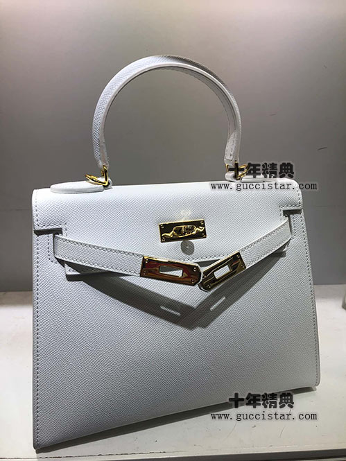 經(jīng)典白色凱莉包28cm 手掌紋牛皮金扣銀扣