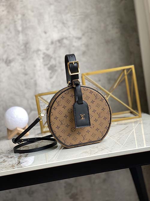 經典lv硬箱子圓餅包 PETITE BOITE CHAPEAU手袋M43510黃花配黑皮